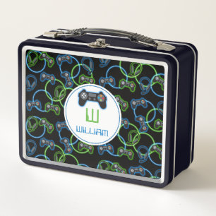 Video Game Neon Blue & Green Pattern Monogram Metal Lunch Box
