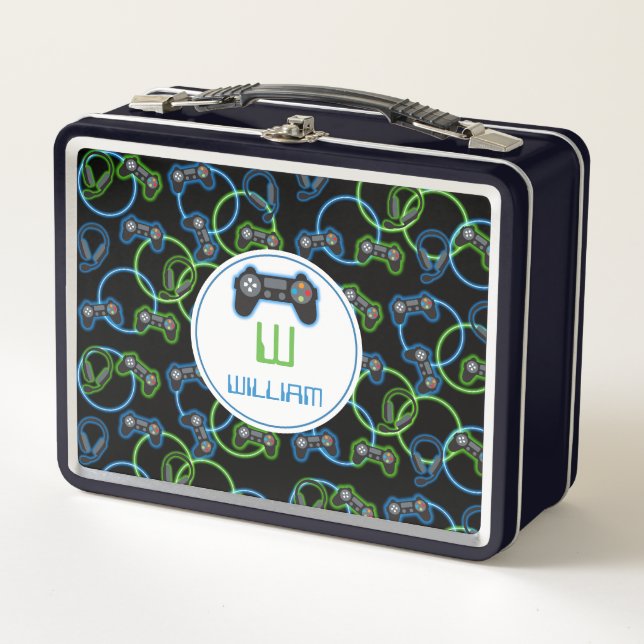 Video Game Neon Blue & Green Pattern Monogram Metal Lunch Box (Front)