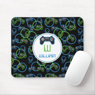 Video Game Neon Blue & Green Pattern Monogram Mouse Pad
