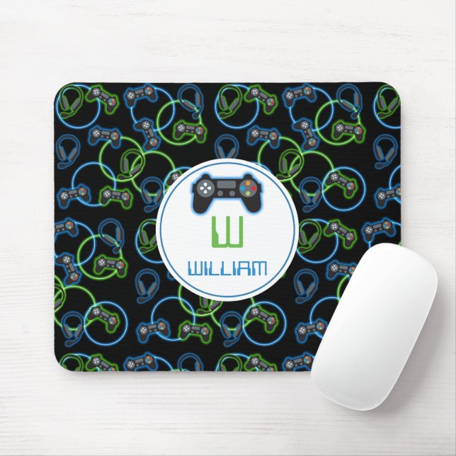 Video Game Neon Blue & Green Pattern Monogram Mouse Pad (With Mouse)