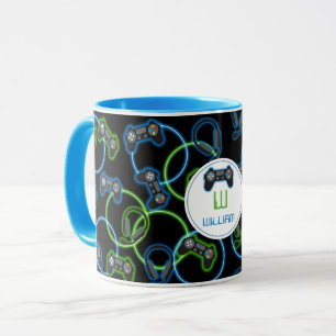 Video Game Neon Blue & Green Pattern Monogram Mug