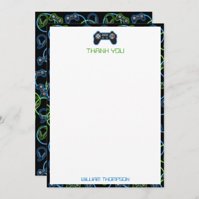 Video Game Neon Blue & Green Pattern Monogram Thank You Card (Front/Back)
