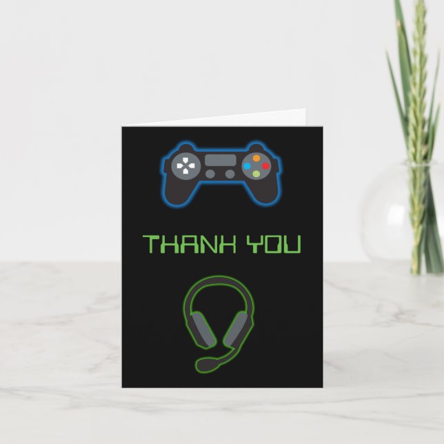 Video Game Neon Blue & Green Pattern Monogram Thank You Card (Front)