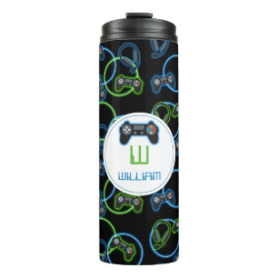 Video Game Neon Blue & Green Pattern Monogram Thermal Tumbler