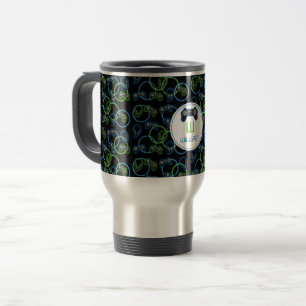 Video Game Neon Blue & Green Pattern Monogram Travel Mug
