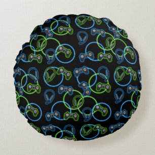 Video Game Neon Blue & Green Pattern  Round Cushion
