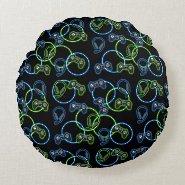 Video Game Neon Blue & Green Pattern  Round Cushion (Front)