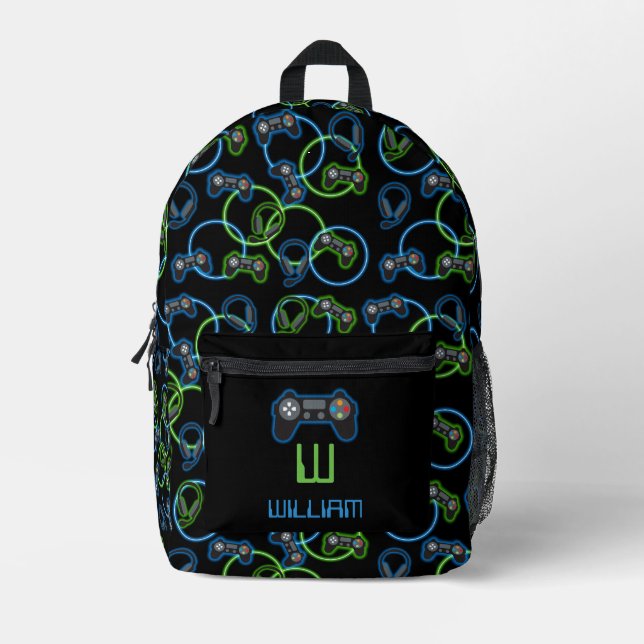 Video Game Neon Blue & Green Pattern School Printed Backpack (Front)