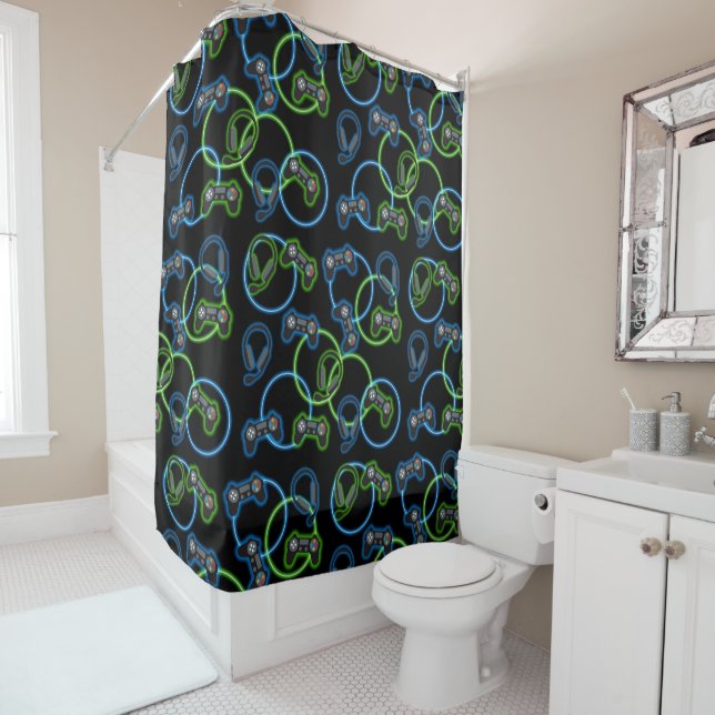 Video Game Neon Blue & Green Pattern  Shower Curtain (In Situ)