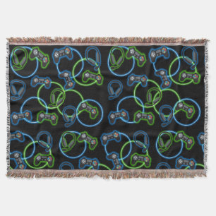 Video Game Neon Blue & Green Pattern  Throw Blanket