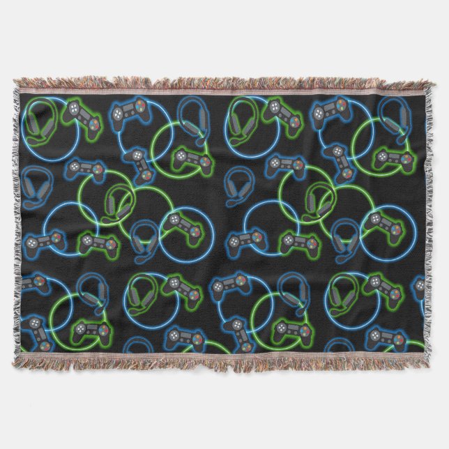 Video Game Neon Blue & Green Pattern  Throw Blanket (Front)
