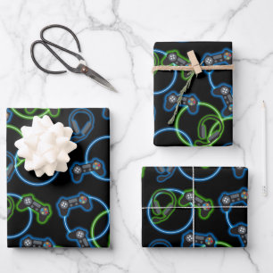 Video Game Neon Blue & Green Pattern  Wrapping Paper Sheet