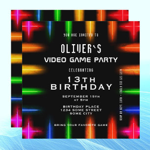 Video Game Neon Colour Gaming Birthday  Invitation