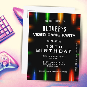 Video Game Neon Colour Gaming Birthday  Invitation Postcard