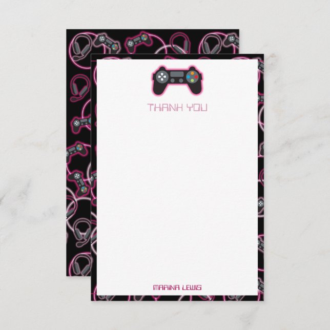 Video Game Neon Pink Girls Pattern Kids Thank You Card (Front/Back)