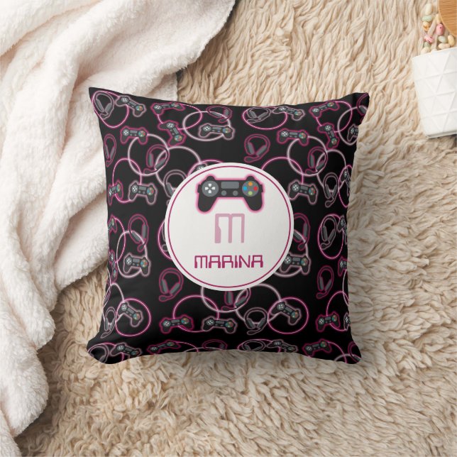 Video Game Neon Pink Girls Pattern Monogram Cushion (Blanket)