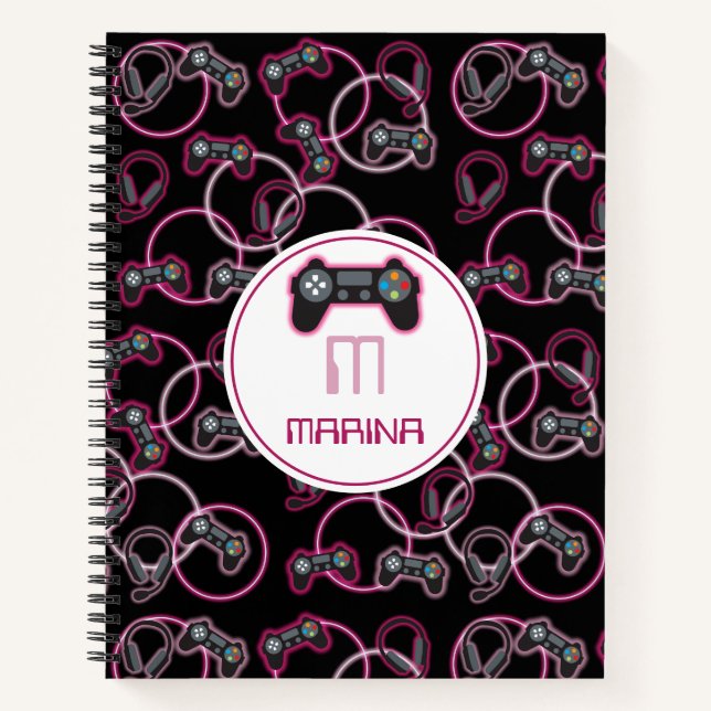 Video Game Neon Pink Girls Pattern Monogram Notebook (Front)