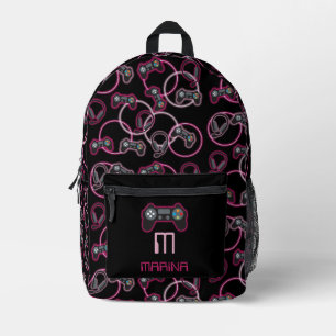 Video Game Neon Pink Girls Pattern Monogram School Printed Backpack