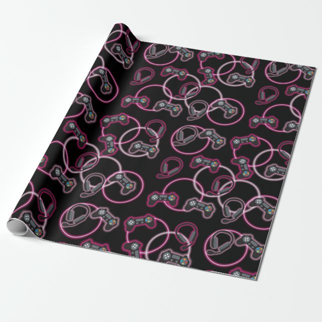 Video Game Neon Pink Girls Pattern  Wrapping Paper (Unrolled)