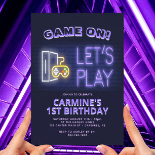 Video Game On Neon 1st Birthday Invitation