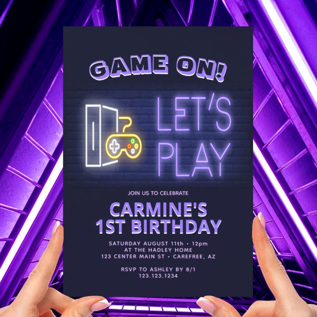 Video Game On Neon 1st Birthday Invitation (Creator Uploaded)