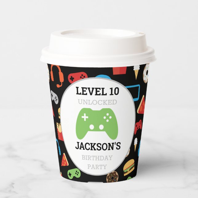 Video Game Party Level Up Kids Birthday Gamer Paper Cups (Front)