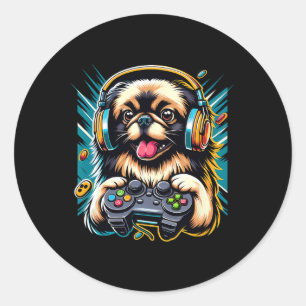 Video Game Pekingese Dog Gaming Classic Round Sticker