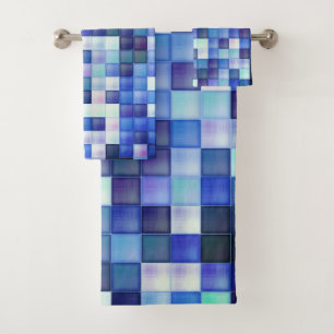 Video Game Pixels Blue Square Pattern Bath Towel Set