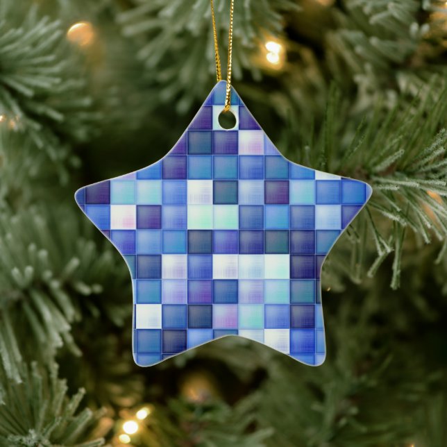 Video Game Pixels Blue Square Pattern Ceramic Ornament (Tree)