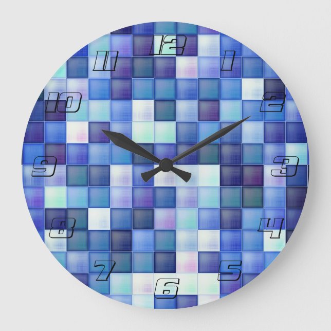 Video Game Pixels Blue Square Pattern Large Clock (Front)