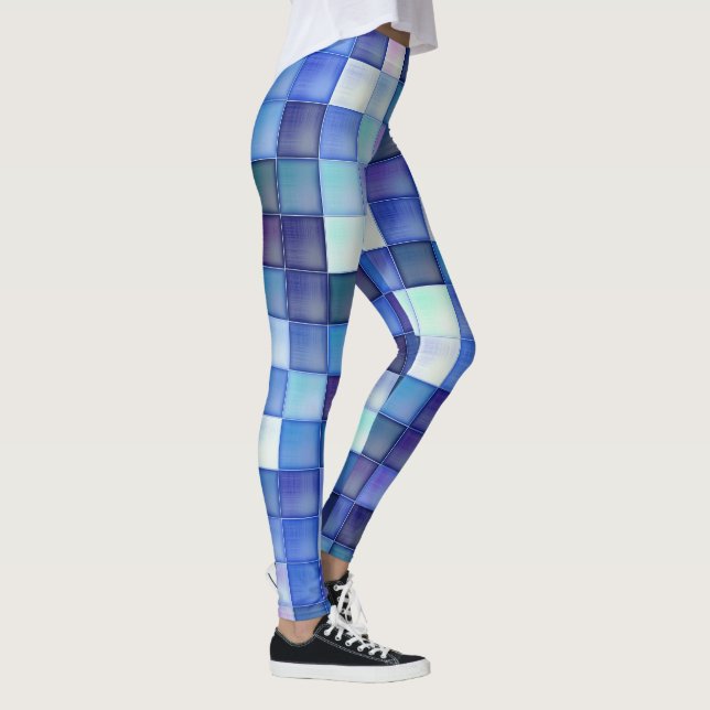 Video Game Pixels Blue Square Pattern Leggings (Right)