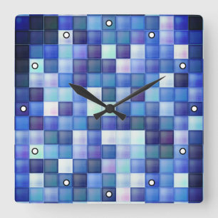 Video Game Pixels Blue Square Pattern with Dots Wall Clock