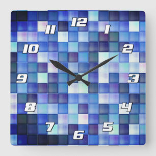 Video Game Pixels Blue Square Pattern with Numbers Wall Clock
