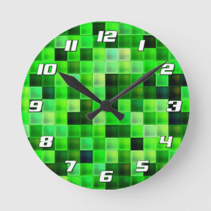 Video Game Pixels Green Square Patter with Numbers Round Clock