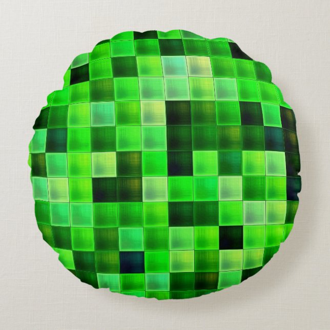 Video Game Pixels Green Square Pattern Round Cushion (Front)