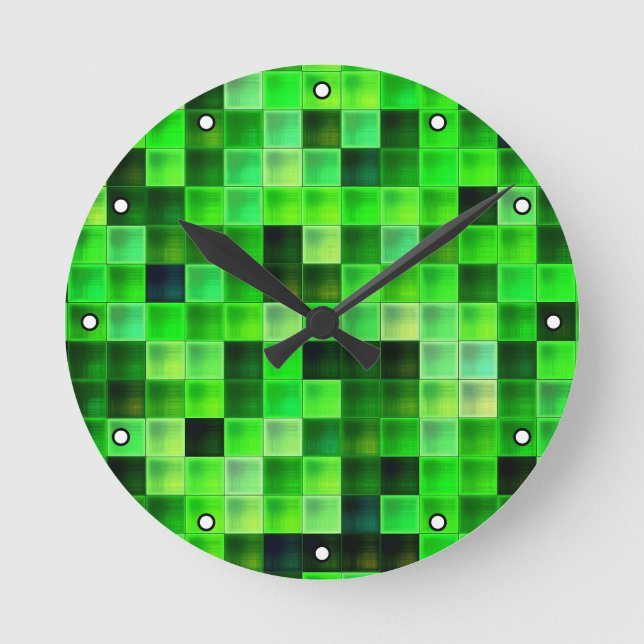 Video Game Pixels Green Square Pattern with Dots Round Clock (Front)