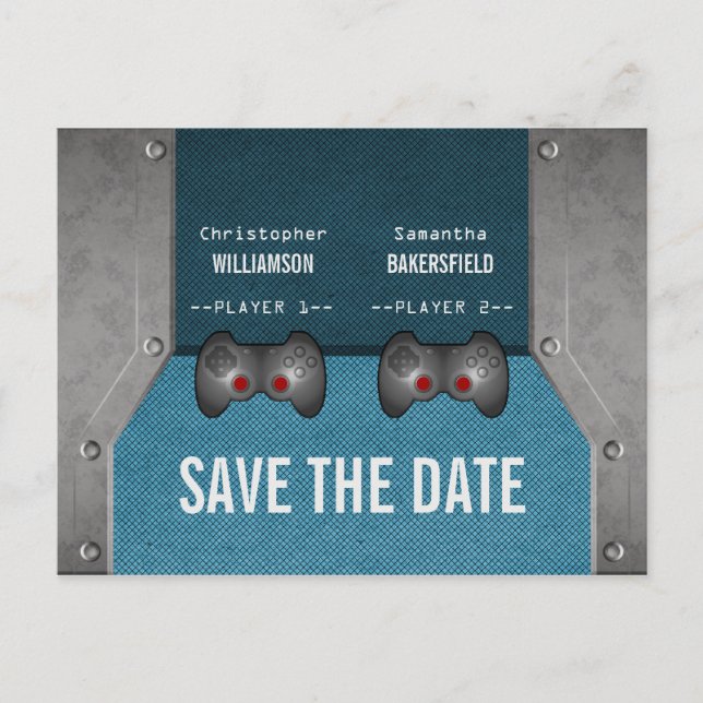 Video Game Save the Date Postcard, Blue Announcement Postcard (Front)