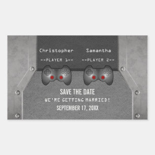 Video Game Save the Date Stickers, Grey Rectangular Sticker