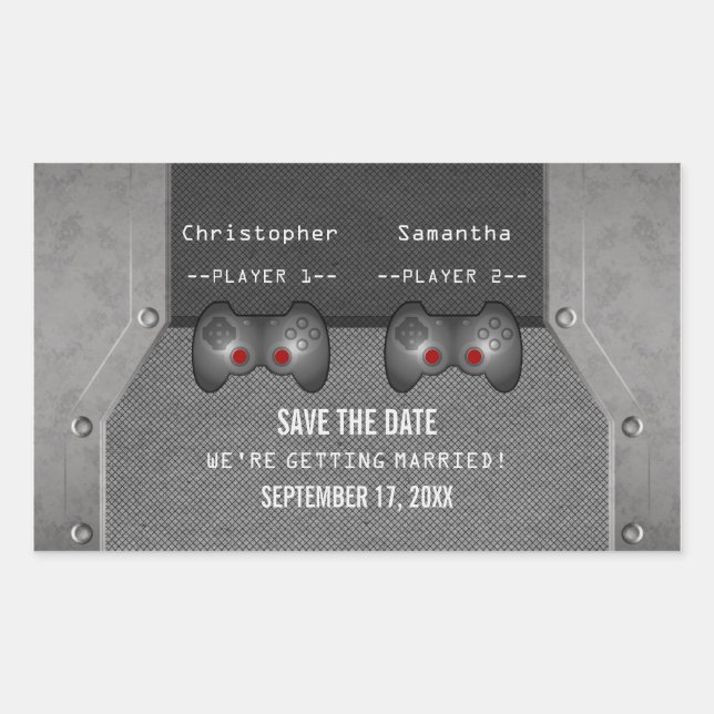 Video Game Save the Date Stickers, Grey Rectangular Sticker (Front)