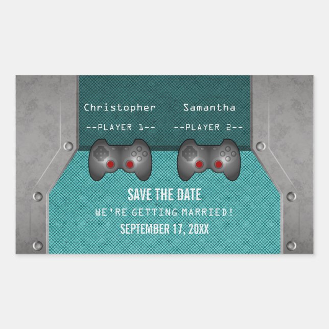 Video Game Save the Date Stickers, Teal Rectangular Sticker (Front)