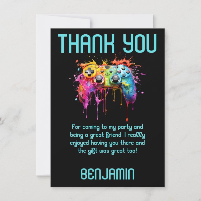 Video Game Teal Birthday Party Thank You Card (Front)