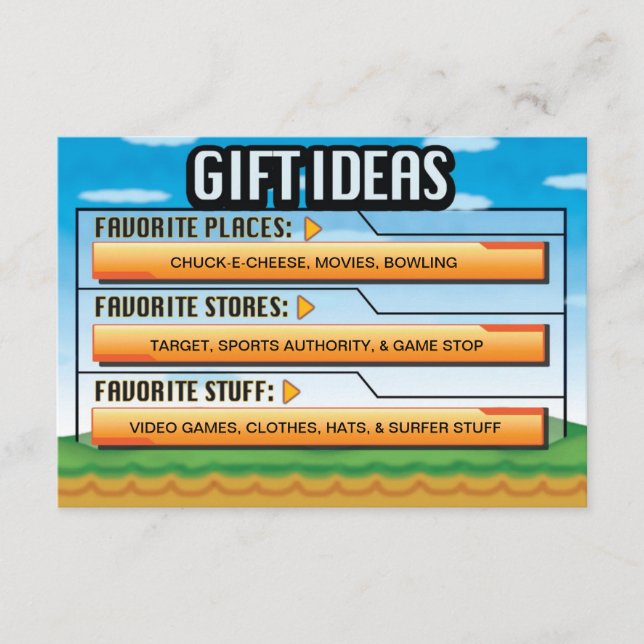 Video Gamer Birthday Party Gift Ideas / Map Insert (Front)