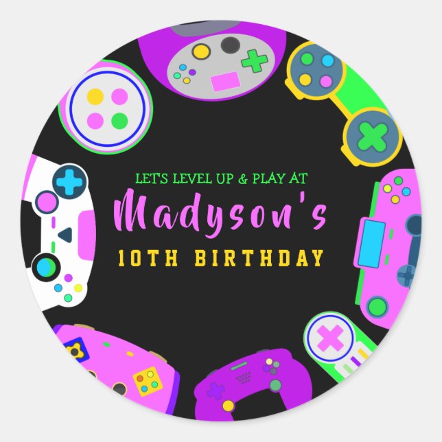 VIDEO GAMER GAMING Girl Birthday Party Invitation Classic Round Sticker (Front)
