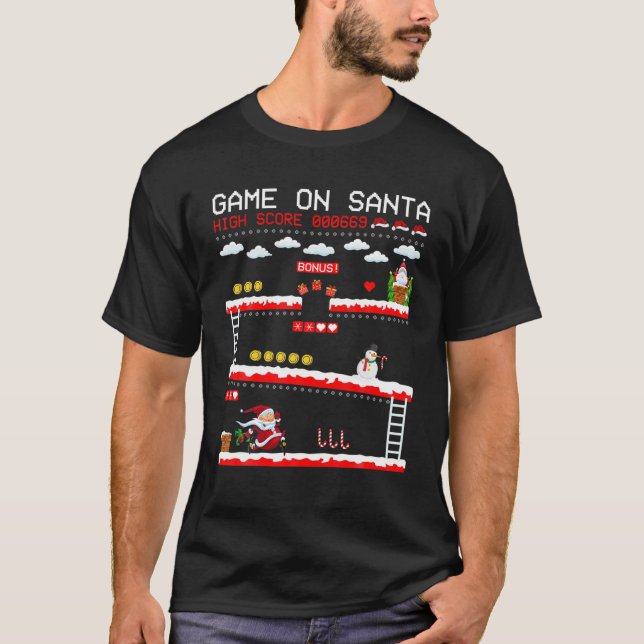Video Gamer Xmas Lighting Santa Playing Video Game T-Shirt (Front)