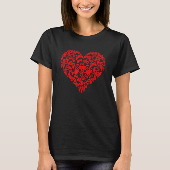 Video Gamers Gaming Heart Game Controllers Valenti T-Shirt (Front)