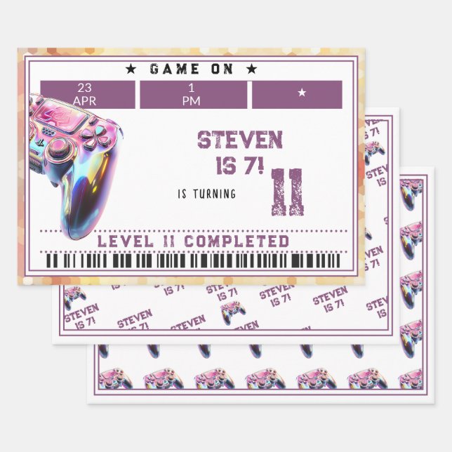 Video games kids birthday wrapping paper sheet (Set)