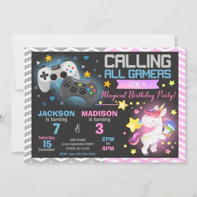 Video Games & Unicorn Joint Birthday Invitation (Front)