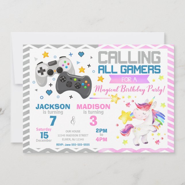 Video Games & Unicorn Joint Birthday Invitation (Front)