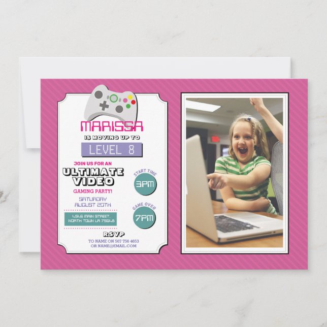Video Gaming Party Game Pink Photo Girls Gaming Invitation (Front)
