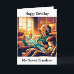 Video Gaming Themed Birthday for a Grandson Card<br><div class="desc">Cute sentimental happy birthday card from a grandma to a grandson. Comic book style art depicting a Grandma playing video games on the tablet with her grandson.</div>